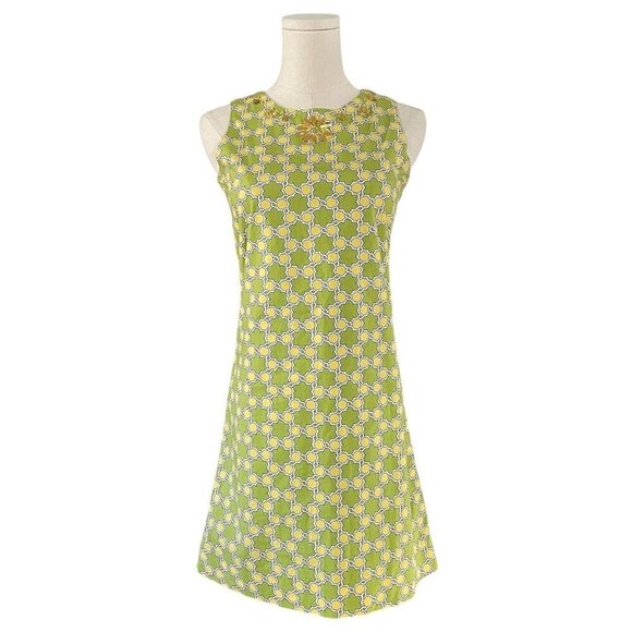 Land End Retro Midi Dress Girls 12 Green Yellow 60s Groovy Rhinestone Colorful - Picture 1 of 11